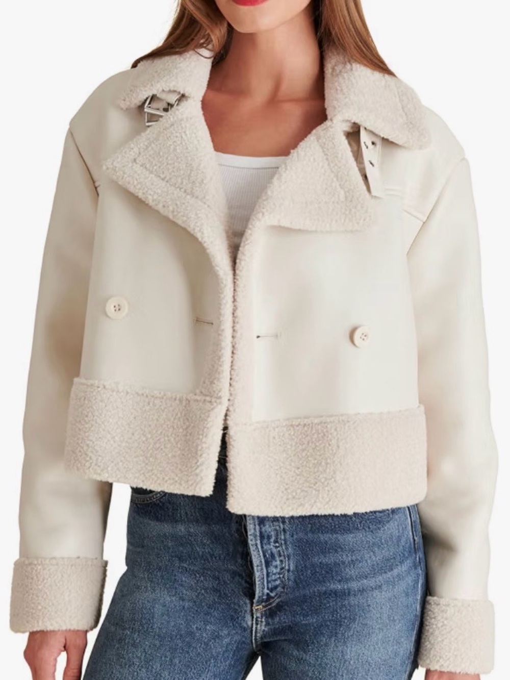 Steve Madden Women's Athen Faux-Shearling Aviator Jacket Sherpa Moto LIKE NEW